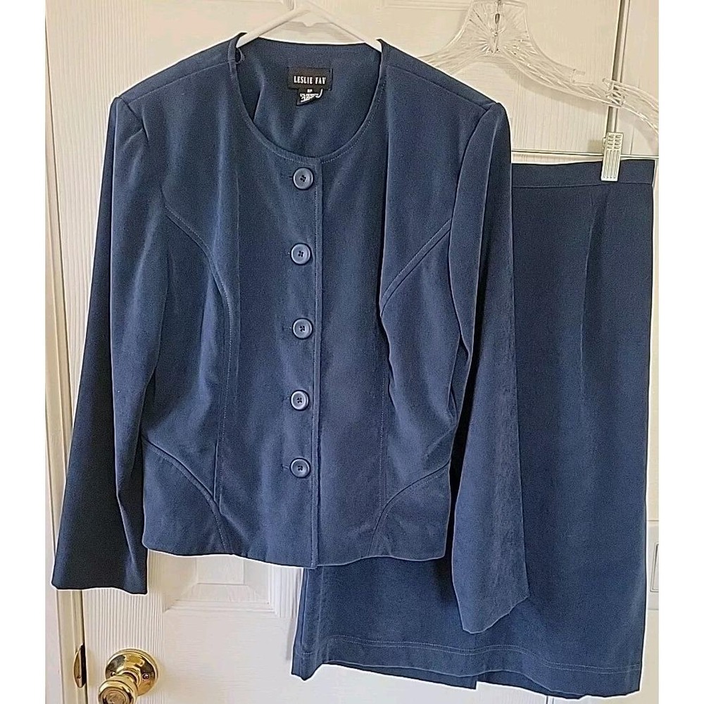 Leslie Fay Navy Blue Skirt‎ Suit Set Jacket Pencil Skirt Petite 8P Business